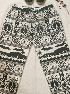 Vintage Wide Leg Cotton Earthy Dark Green and White Patterned Boho Coffee Pants